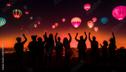 People dancing at music festival under hot air balloons