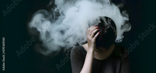 Cloudy smoke covering the face of woman. Concept of depression, sadness or sorrow. © ZayNyi