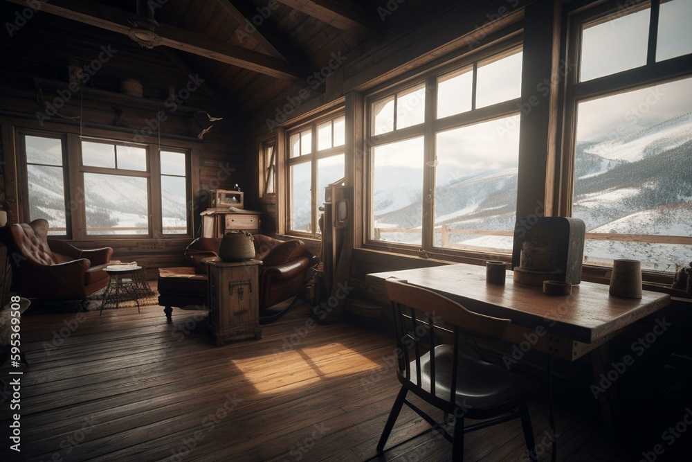 A comfortable mountain cabin featuring large windows to let the light in. Generative AI