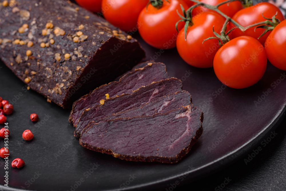 Delicious smoked Armenian basturma with spices and herbs Delicious smoked Armenian basturma with spices and herbs