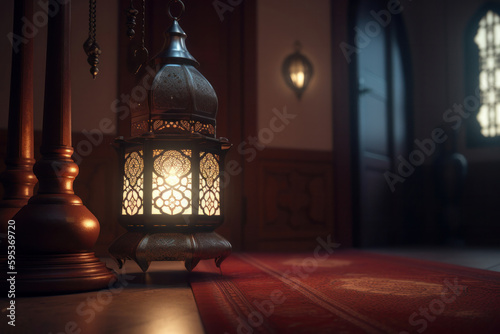 A beautiful Ramadan greeting card with intricate design and a glowing lantern, perfect for sending warm wishes during the holiday season. AI Generative.