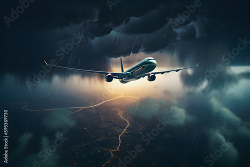 Airplane jet approach at the airport landing in bad weather storm hurricane rain llightning strike, against the backdrop of sunlight sunset. Generative AI