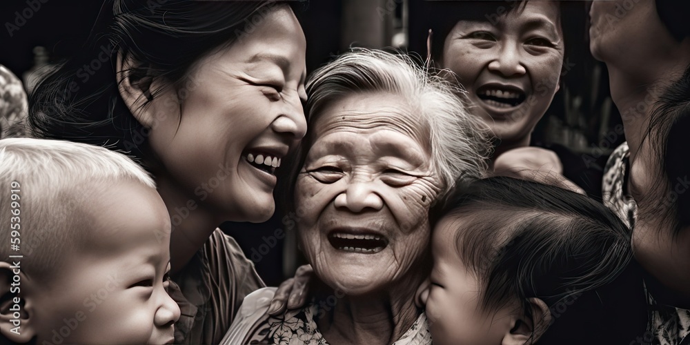 Close up of unconventional happy family groups grandmother with grandchildren- generative AI Close up of unconventional happy family groups grandmother with grandchildren- generative AI