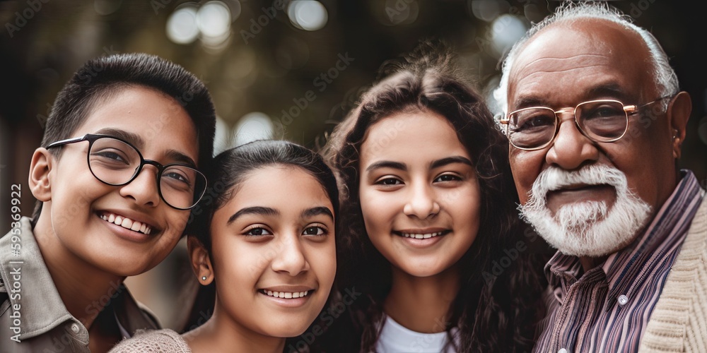 Close up of unconventional happy family group. Grandfather and grandchildren- generative AI Close up of unconventional happy family group. Grandfather and grandchildren- generative AI