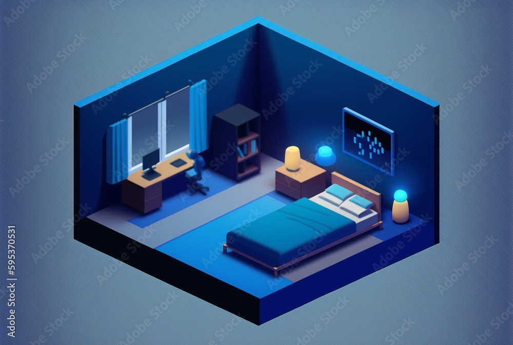 3d isometric dark blue bedroom. AI generated
