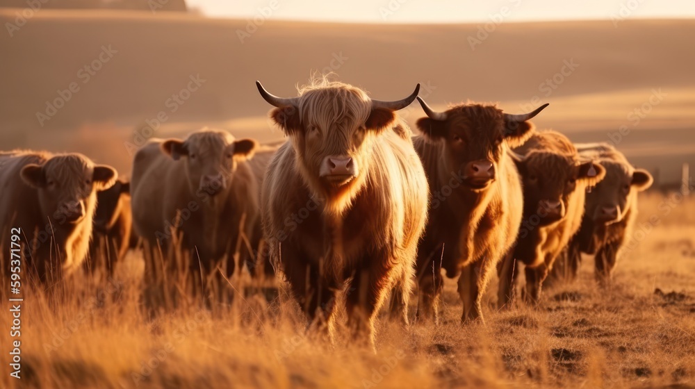 Highland cattles or fluffy cows in sunny plains field generative ai - obrazy, fototapety, plakaty 