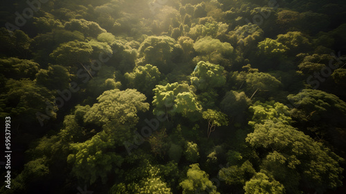 A stunning aerial view of a lush green forest, with sunlight streaming through the canopy, creating a magical atmosphere.