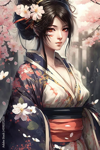 a beautiful pretty woman in a kimono, dress, realistic anime art, generative ai technology