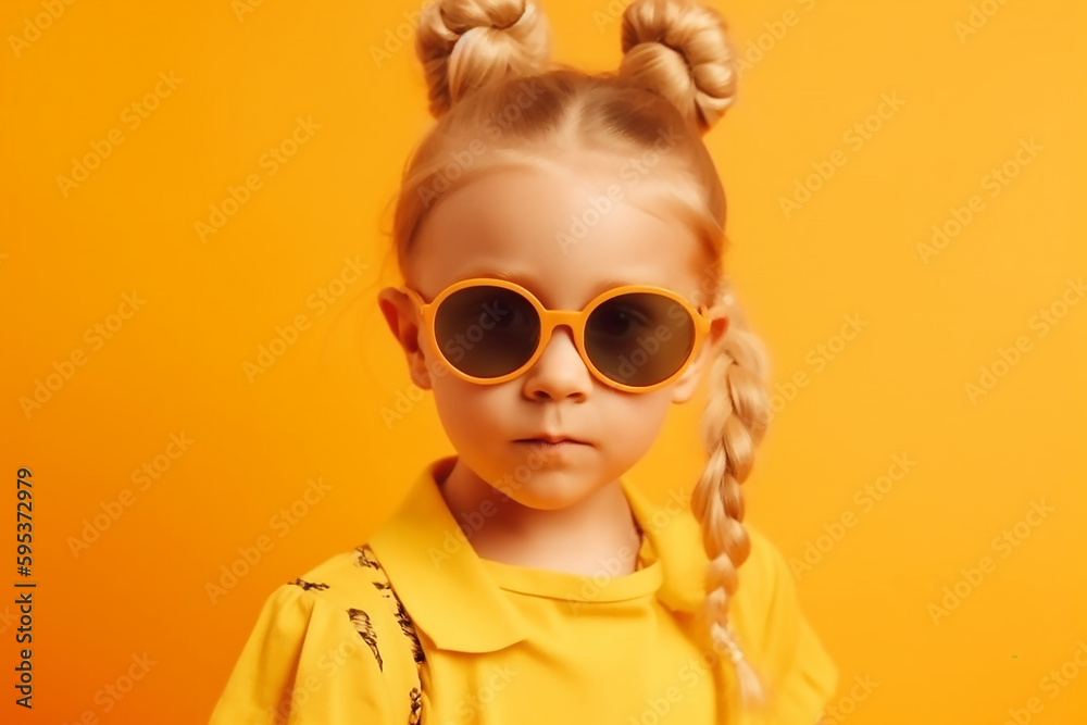 little blonde girl poses in a yellow t-shirt and sunglasses on Yellow background, generative AI little blonde girl poses in a yellow t-shirt and sunglasses on Yellow background, generative AI
