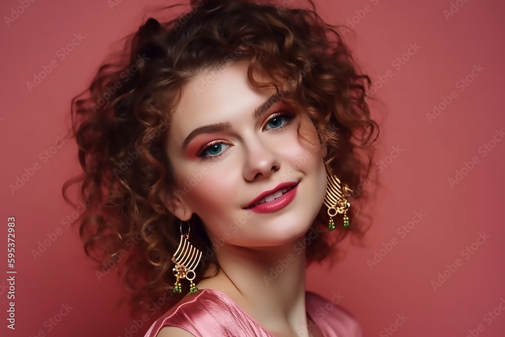 Portrait cheerful glam girl isolated over pink fuchsia color background, generative AI