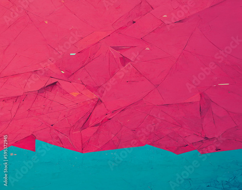 Crumpled, damaged, and distressed stylized abstract art background texture.  Worn cyan and pink grunge backdrop.