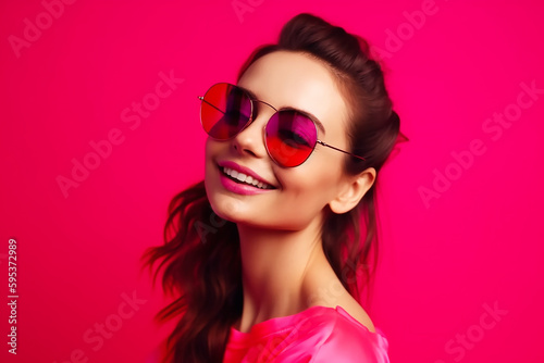 Portrait cheerful glam girl isolated over pink fuchsia color background, generative AI