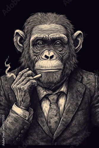 Portrait of a monkey gentleman wearing a great suit  he smokes  black and white illustration  generated by AI technology