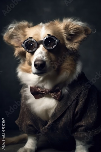 Corgi as scientist, crazy glasses, class suit, dark background, created with generative AI technology