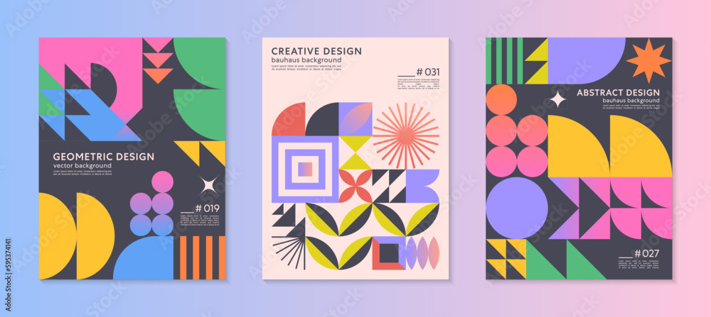 Abstract bauhaus geometric pattern backgrounds with copy space for text.Trendy minimalist geometric designs with simple shapes and elements.Modern artistic vector illustrations.Covers templates
