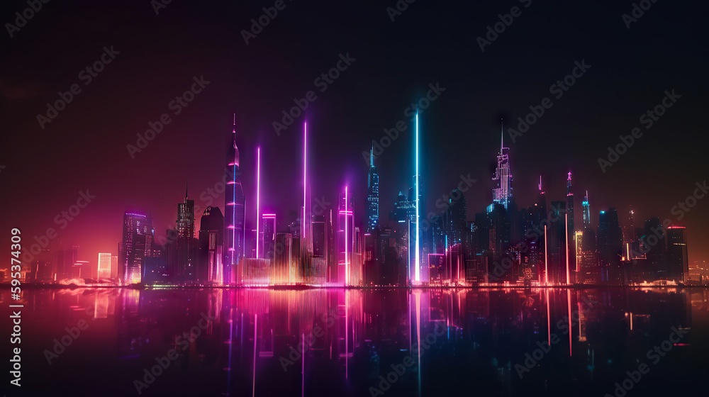 Futuristic city, neon light, lights of a large metropolis, high-rise buildings, generative AI, AI generated