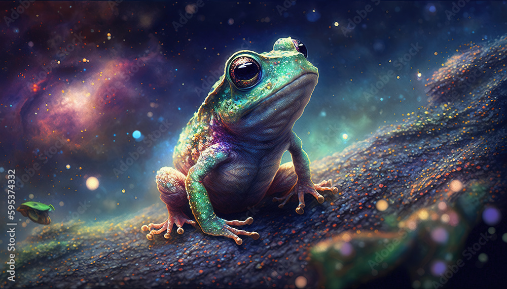 a beautiful realistic illustrated frog in the galaxy, scifi artwork