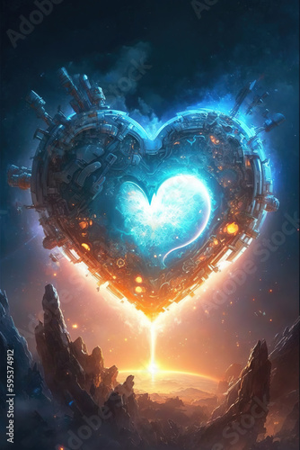 an impressive epic illustration of a scifi heart, generative ai technology