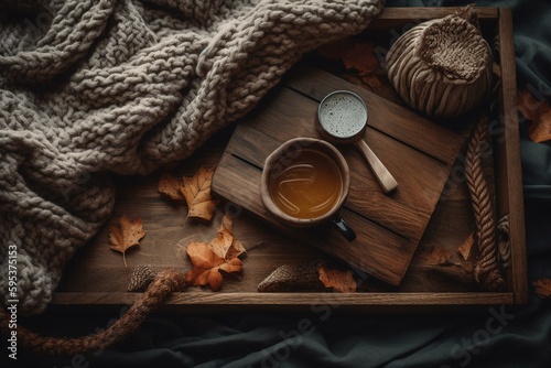 A cup of coffee and knitting on a rustic wooden tray in a cozy bed with a blanket on an autumn weekend, seen from above. Generative AI