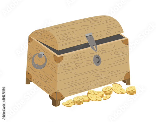 Cartoon vector drawing in doodle style . Gold Coins. An old wooden empty open pirate chest or treasure chest. Business concept of crisis and bankruptcy. Color Illustration on isolated background.