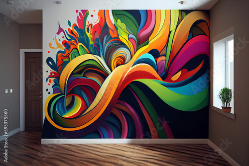 Stylish interior with beautiful abstract painting in vivid rainbow colors. Mural