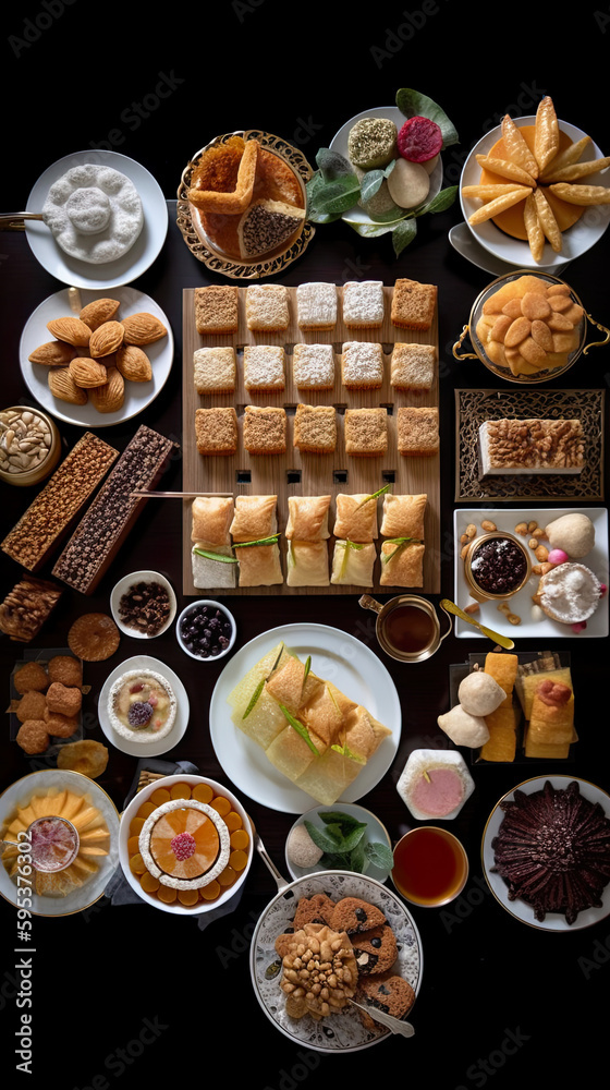 Turkish sweets, flat lay, top view assorted cookies and traditional desserts, AI generative overhead view of knolling arrangement