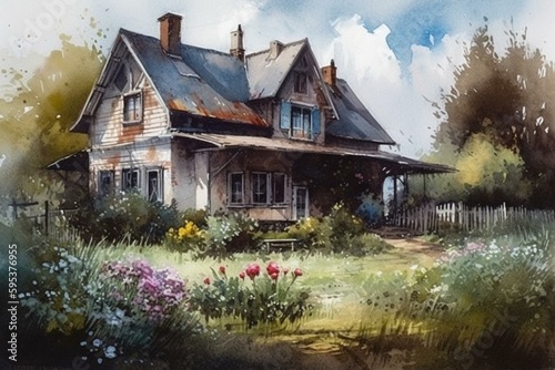 Watercolor painting of a cottage in the countryside during the spring season. Perfect for printable art. Generative AI