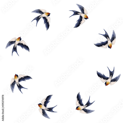 Swallow wreath flying in flight watercolor 