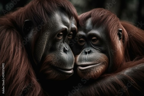 Two orangutans cuddling in love on Valentine's Day. Generative AI