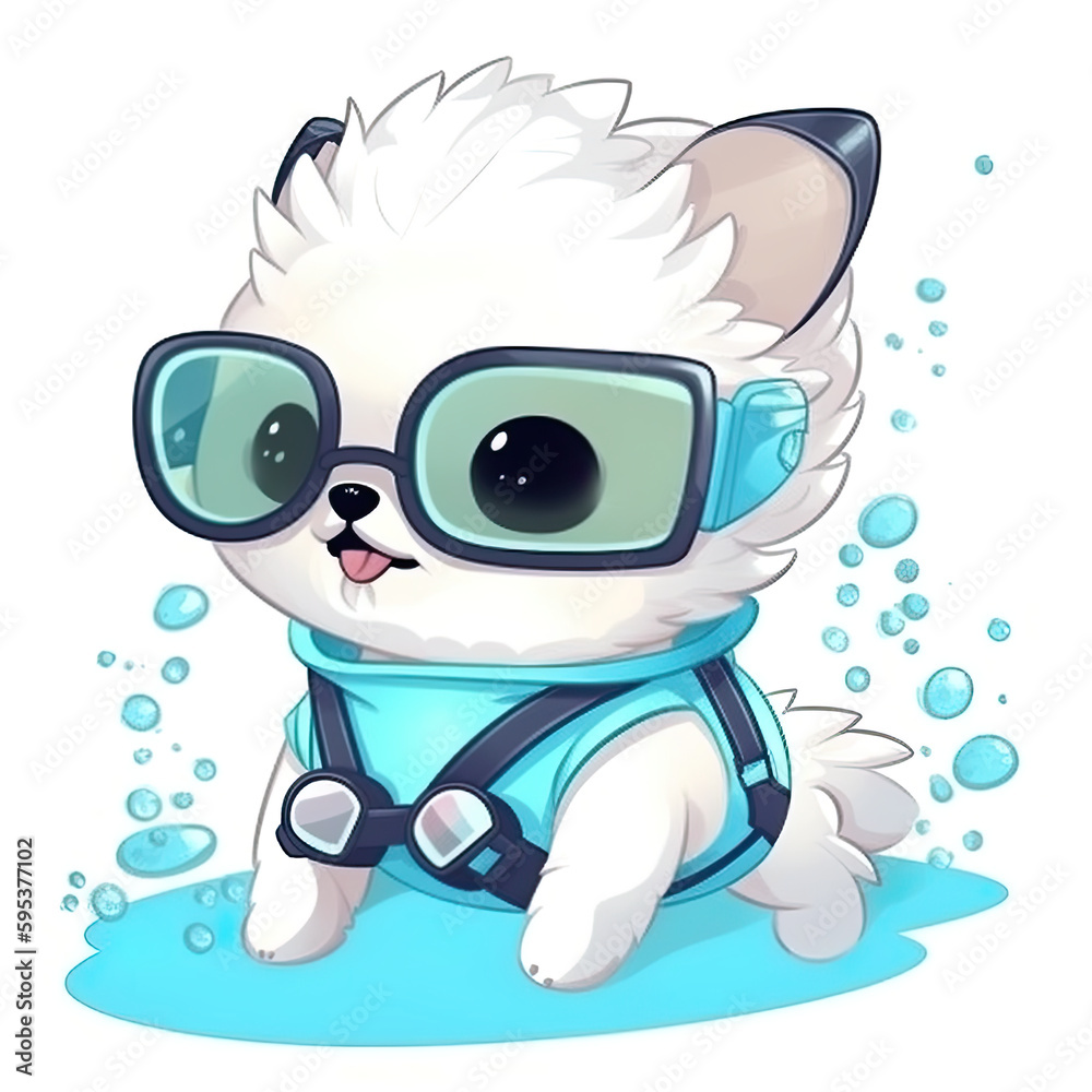 Fototapeta premium Cute little white puppy dog as diver underwater, cartoon chibi style, AI generative illustration