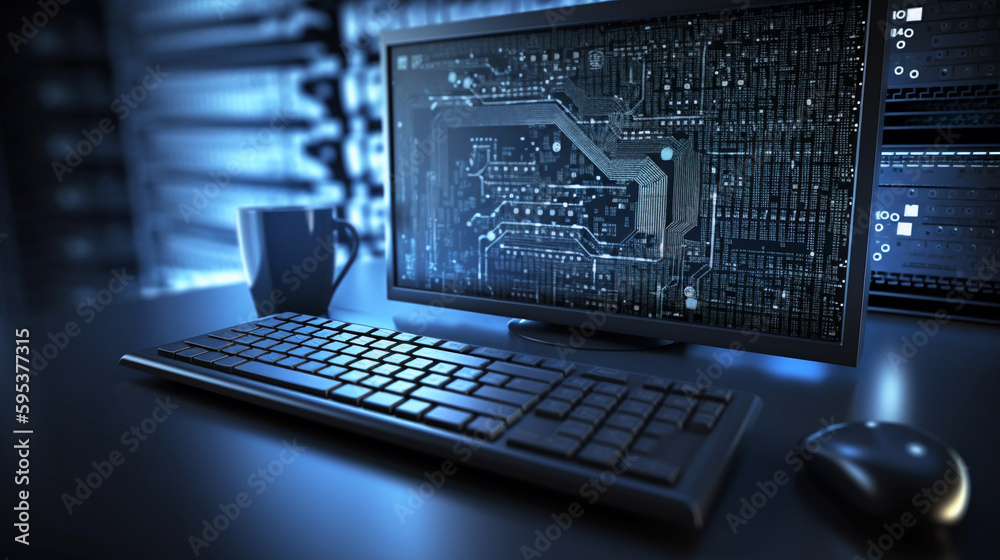 Das Bild zeigt das Internet in all seinen Facetten und Bedrohungen. Im Vordergrund ist ein Computer zu sehen, auf dessen Bildschirm mehrere Hacker-Tools und Programme geöffnet sind. Einige der Program