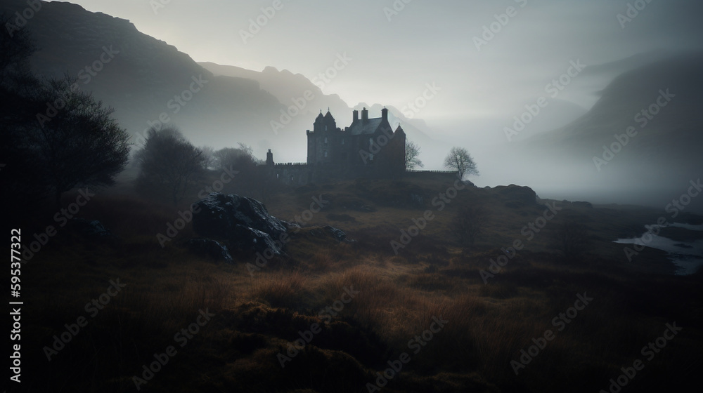 Das Bild zeigt die majestätische Schönheit der schottischen Highlands, die von einer imposanten Burg bewacht werden. Im Vordergrund erstrecken sich sanfte Hügel, bedeckt von satten grünen Wiesen und k