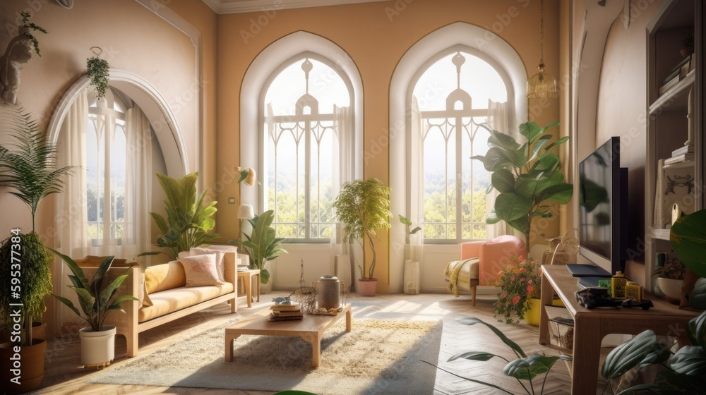 Fototapeta premium Mediterranean interior design room with beautiful lightning generative ai