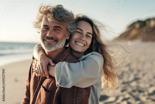 Pretty young couple in love having fun at the beach in a winter sunny day afternoon. Generative AI