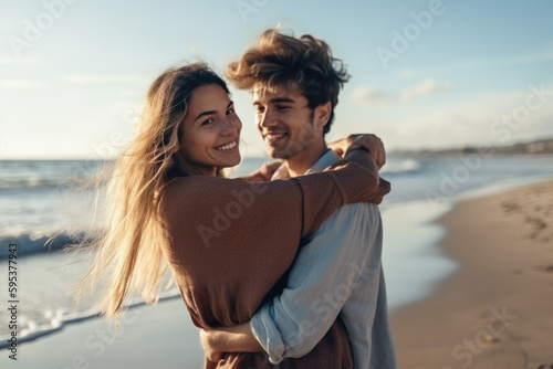 Pretty young couple in love having fun at the beach in a winter sunny day afternoon. Generative AI