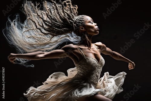 Fototapete Woman dancer dances artistically with modern grace, isolated black background