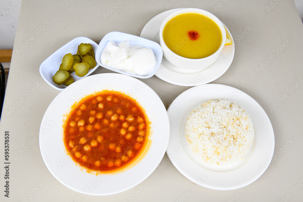 Traditional delicious Turkish food; Turkish style rice pilaf (Turkish name; Arpa sehriyeli. tavuk, kuru fasulyeli, pirinc pilavi) Traditional delicious Turkish food; Turkish style rice pilaf (Turkish name; Arpa sehriyeli. tavuk, kuru fasulyeli, pirinc pilavi)