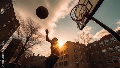 Black Male Basketball Player Playing Basketball Outside Generative AI © j@supervideoshop.com