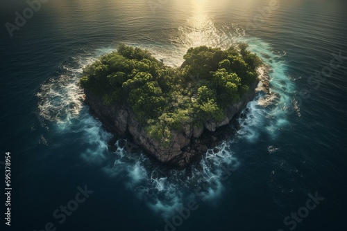 Island in the shape of a heart surrounded by tropical waters. Generative AI © Artur