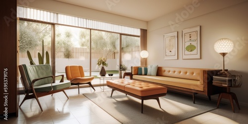 Mid-century modern interior design room with beautiful lightning generative ai