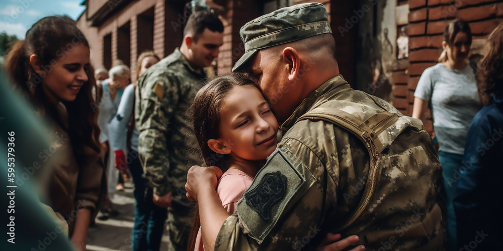 Soldat kommt heim; Wiedersehen eines Soldaten mit einem seiner Liebsten KI - obrazy, fototapety, plakaty 