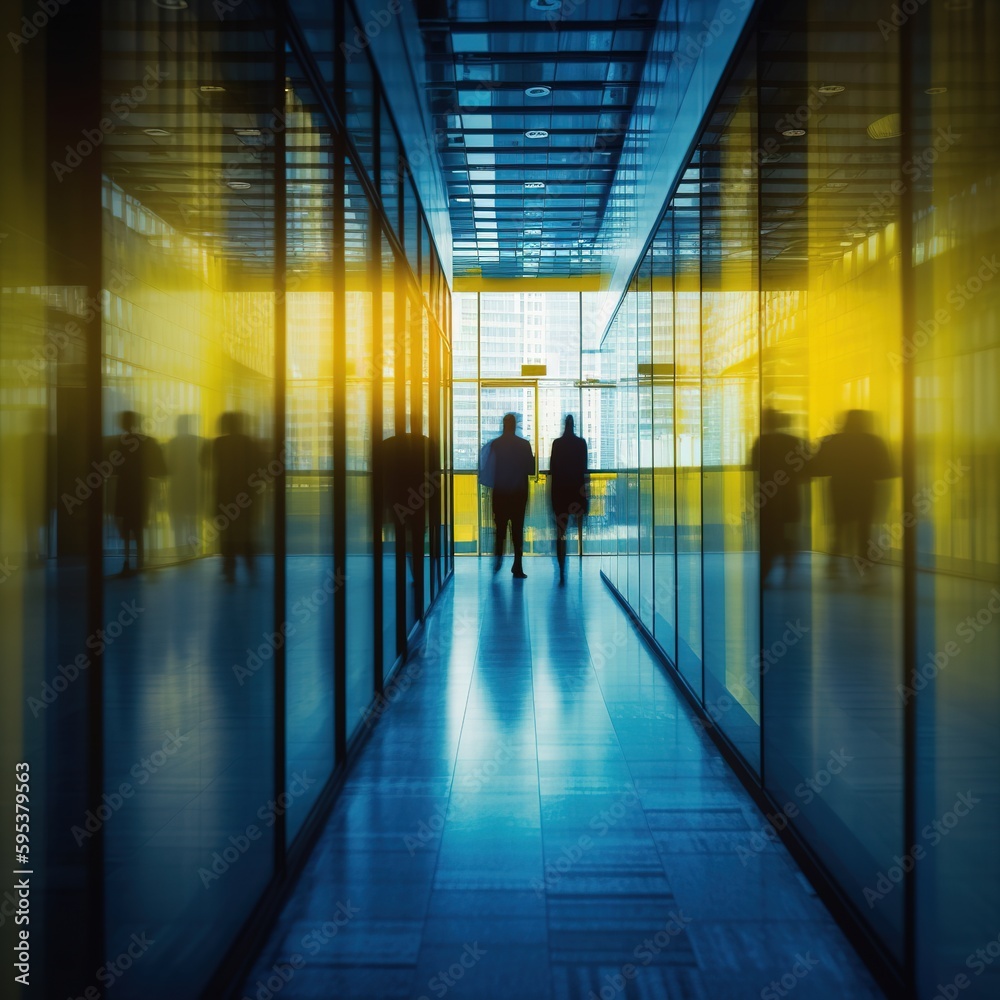 Fototapeta premium People are walking through the modern office building. generative ai