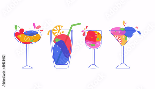 A set of delicious summer alcoholic cocktails. Different colored drinks in wine glasses.  Mixed cold drinks. Fresh exotic tropical beach bar. Alcohol, lemonade.  Flat cartoon vector icon . 