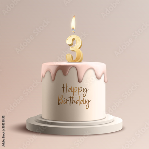Three Years. Vector Birthday Anniversary Sweet Cake. Greeting Card, Banner with 3d Realistic Burning Golden Birthday Party Candle, Number, Flame. Icon Design Template for Birthday Concept. Front View