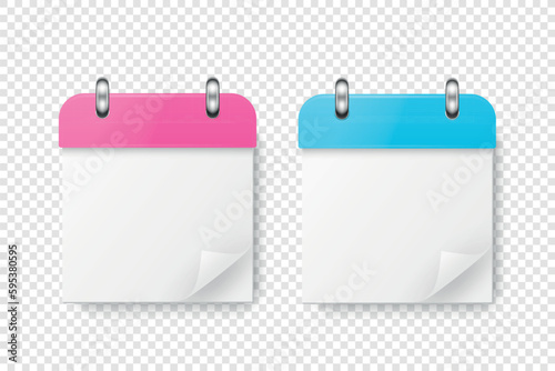 Vector 3d Realistic Paper Classic Simple Minimalistic Pink and Blue Calendar Icon Set Closeup Isolated on White Background. Folded Paper Corner. Design Template for Holiday Card, Banner, Wall Calendar