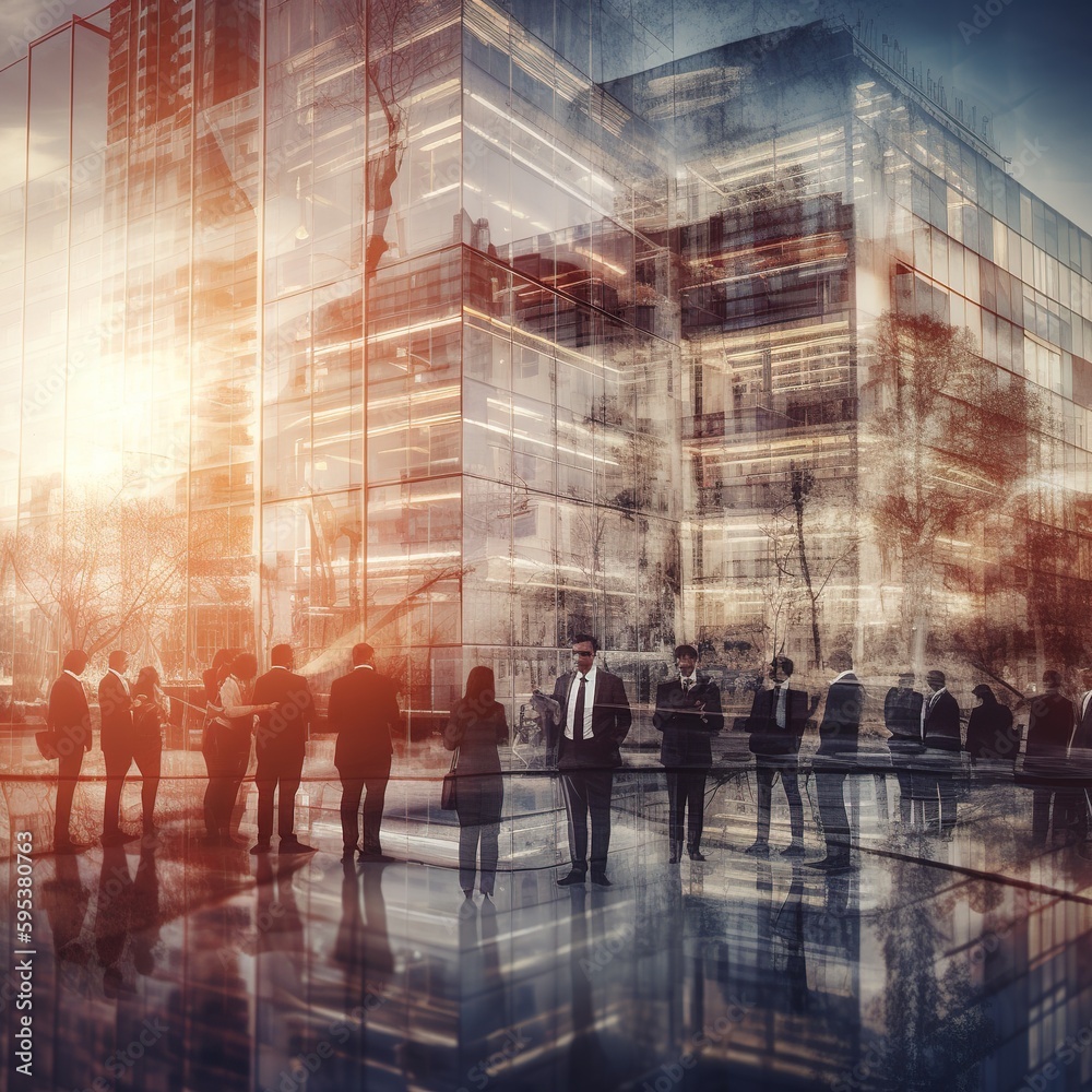 Double exposure image of many business people conference group meeting on city office building in background showing partnership success of business deal. Concept of teamwork. generative ai