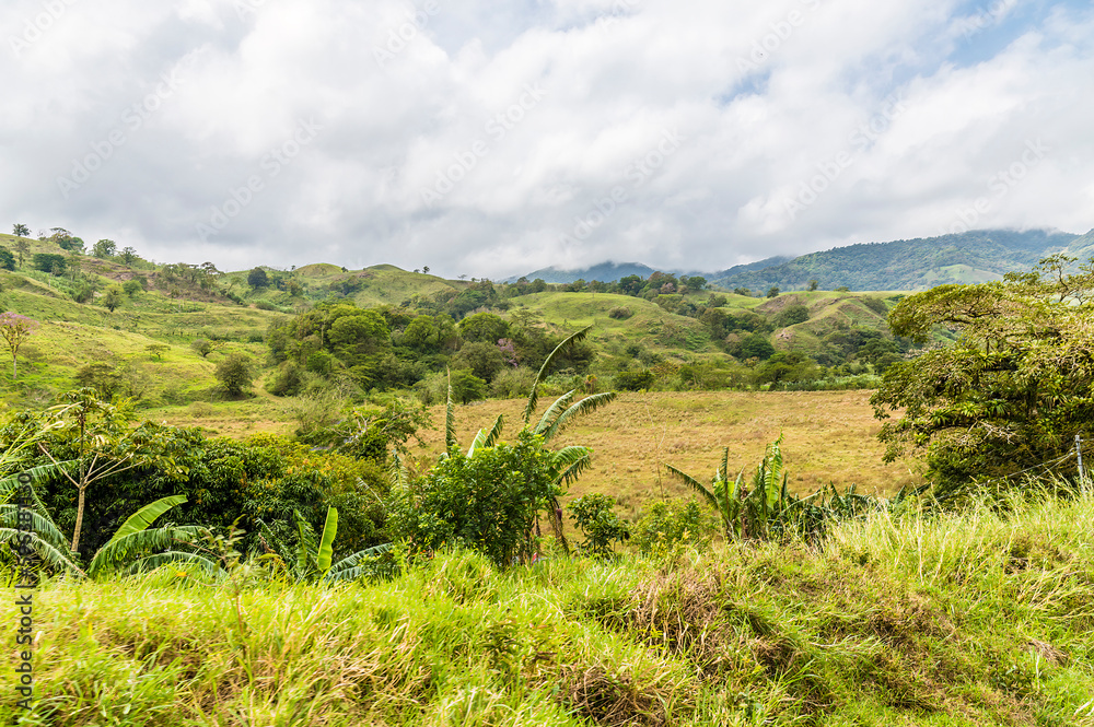 A view across the hillside from the road leading to the Arenal Lake in Costa Rica during the dry season A view across the hillside from the road leading to the Arenal Lake in Costa Rica during the dry season