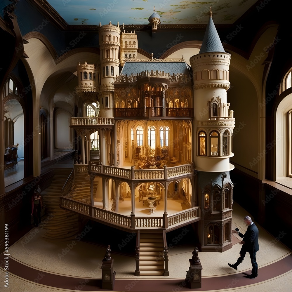 the worlds largest dollhouse displayed on a large plinth in a museum
