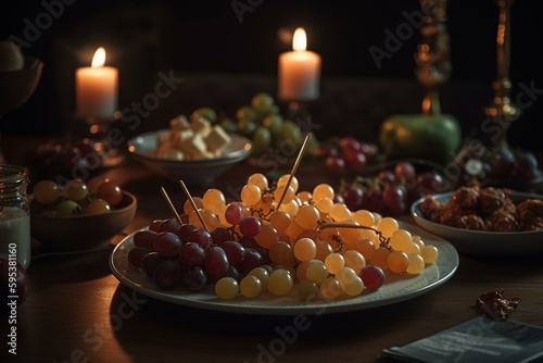 A plate of appetizers with grapes on a table with background lights. Generative AI