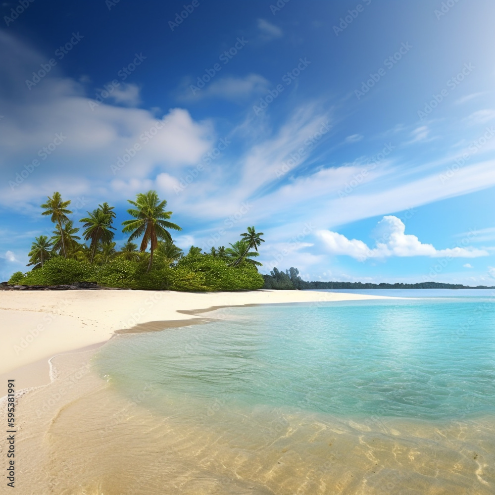 Tropical landscape of summer scenery, white sand with palm trees. Luxury travel vacation destination,  Created using generative AI tools.